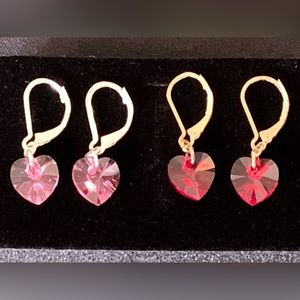 Set of two heart-shaped lever back earrings red and pink crystal